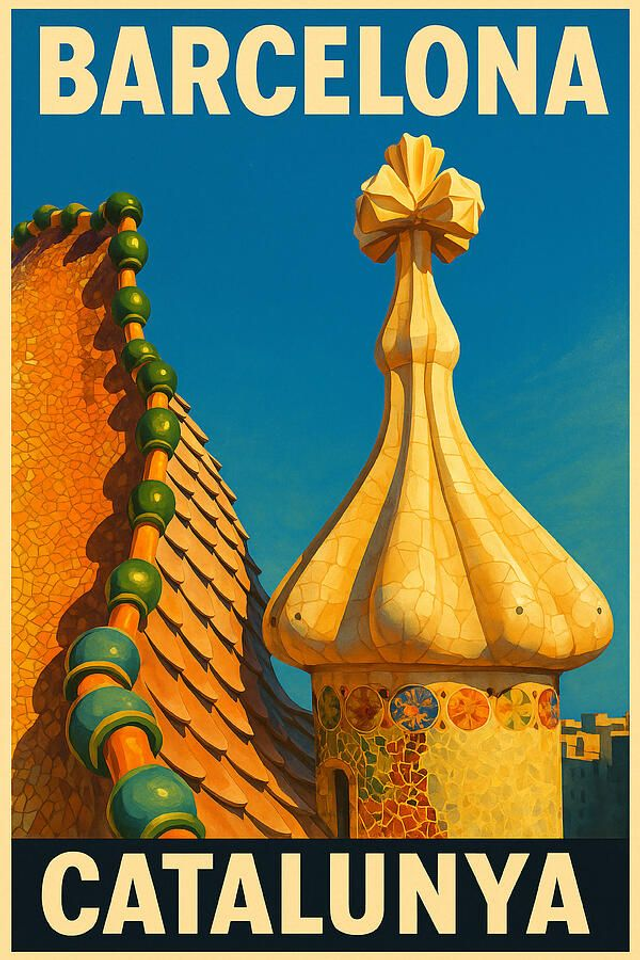 Póster de viaje vintage en la azotea de la Casa Batlló en Barcelona