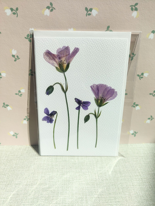 Carte mauves et violettes avec fleurs pressées