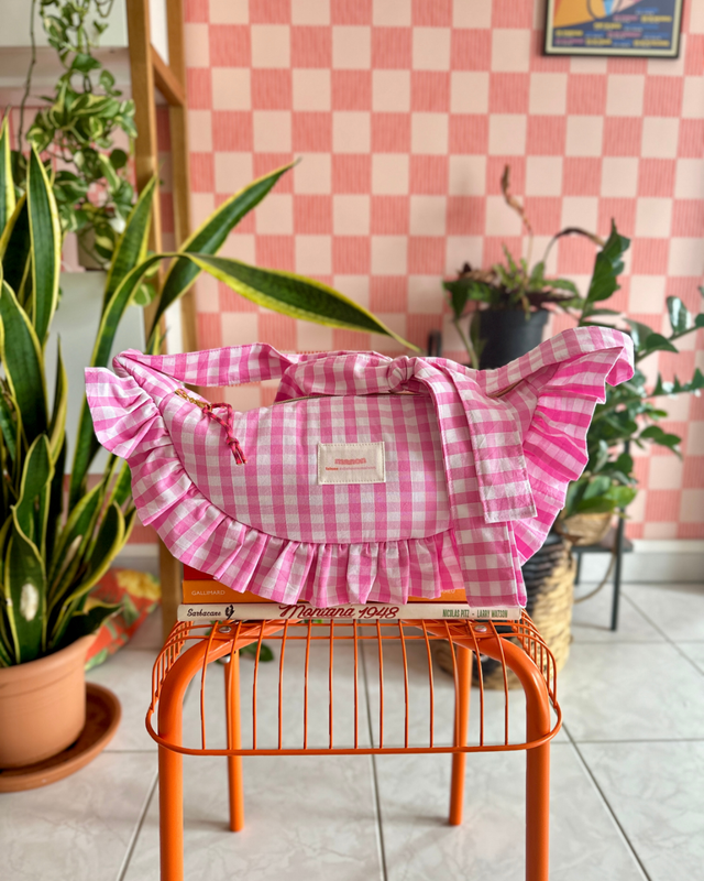 SAC CROISSANT Taille Moyenne - Vichy rose et blanc - Fait main à Reims (France)