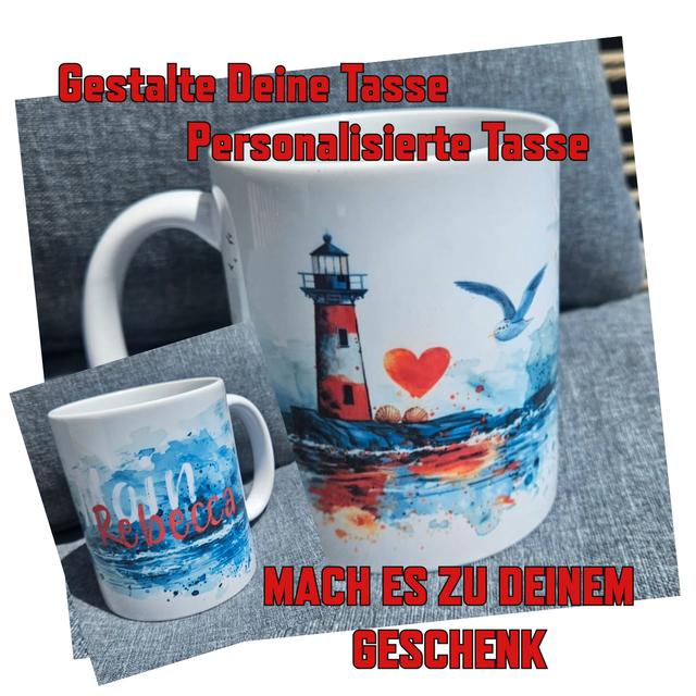 Personalisierte Tasse mit Leuchtturm-Motiv