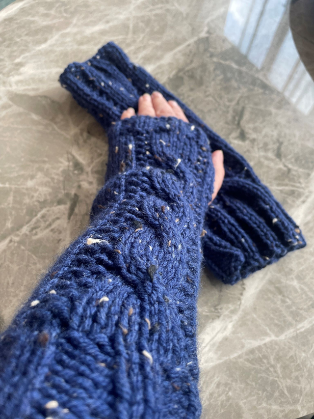 Mitaines longues laine Tweed Bleu marine