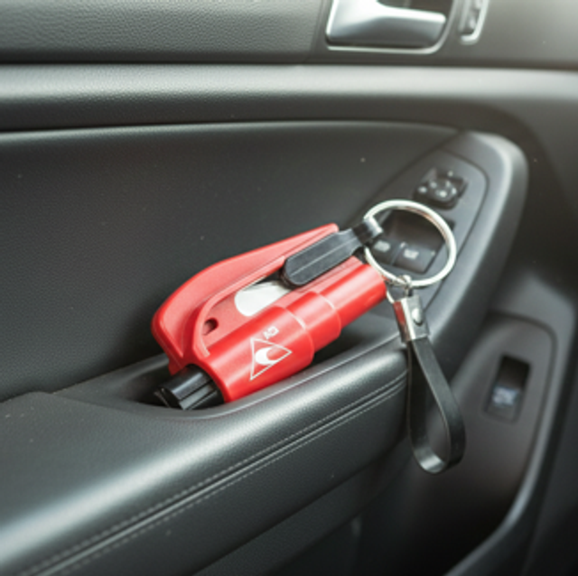 Bezpečnostní přívěšek s řezákem pásů a rozbíječem skla 