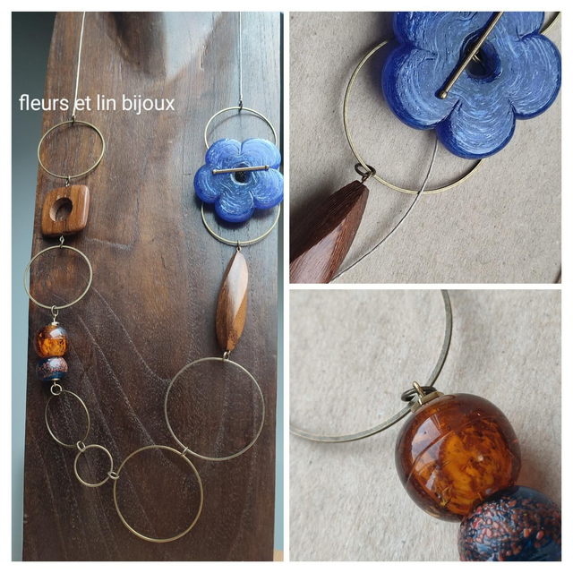 Fleur en verre de Murano, bois et verre, sautoir monté sur fil de lin réglable, anneaux laiton bronze -piece unique 