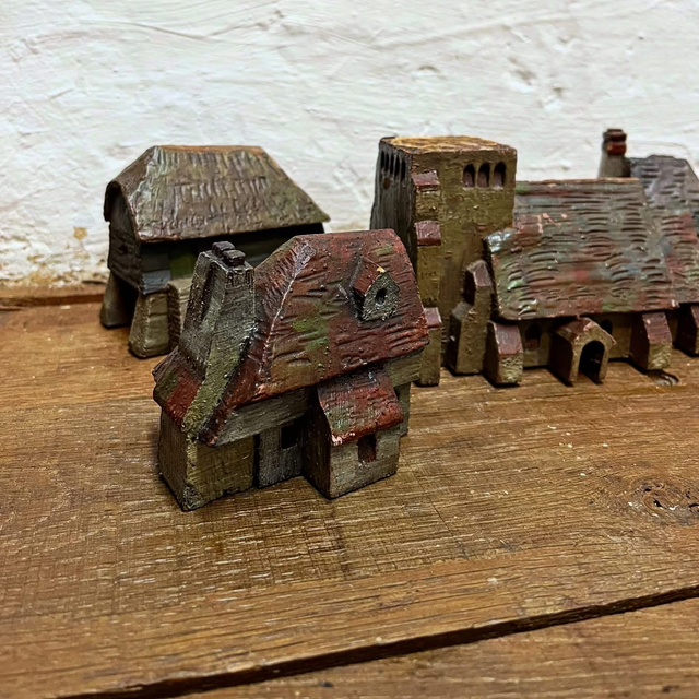 Early Handcrafted Wooden Village – Naively Scratch-Made With Original Painted Finish
