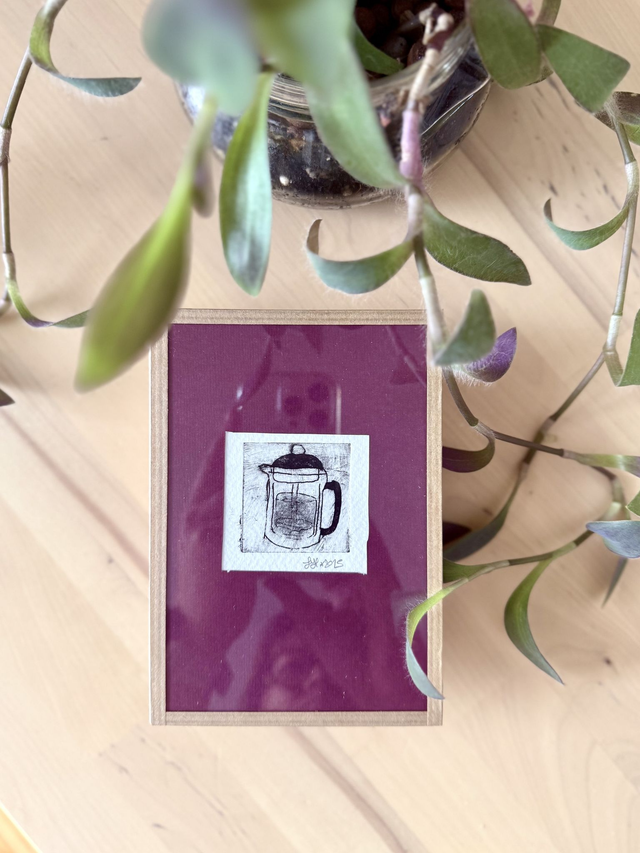 Cafetière à piston - Petite estampe encadrée 10x15 cm
