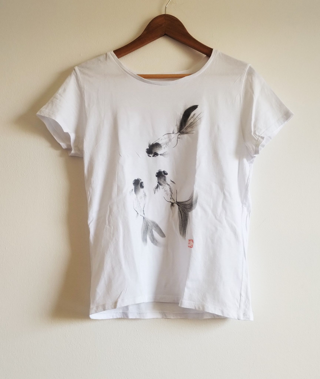 White Color Cotton T-shirt, Goldfish Pattern, Printed T-shirt
