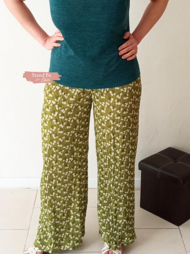 Pantalon palazzo plissé vert à motif petites fleurs