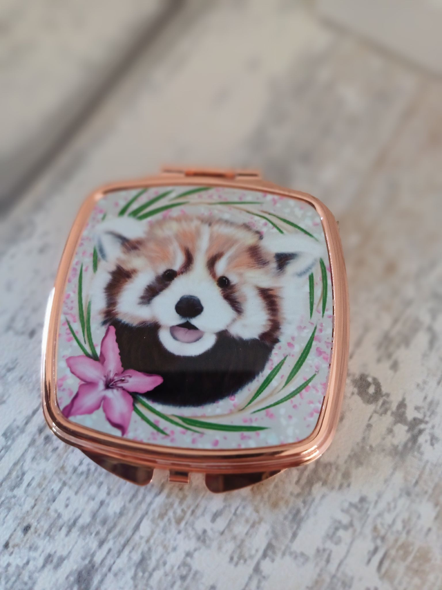 Red panda compact mirror,  rose gold colour 