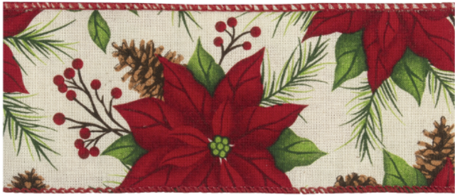 Christmas Flowers (63mm width) Wired Edged Ribbon Sold Per Metre 