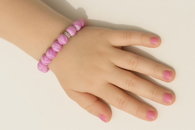 Cotton Candy Glow armband – elastische kinderarmband met roze gemarmerde kralen en glinsterende strass accenten