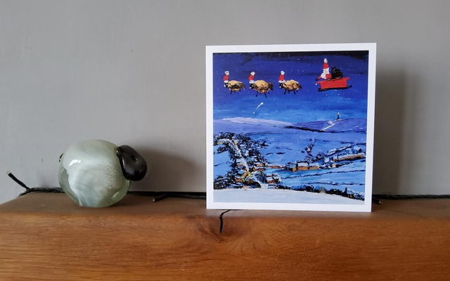 Father christmas flying over Danby. 6x6&quot; christmas card