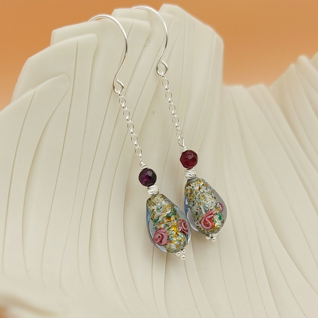 Preciosa blue floral glass bead sterling silver drop earrings with agate and sterling silver beads  