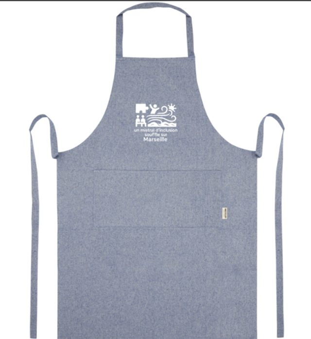 Tablier bleu chiné avec logo blanc