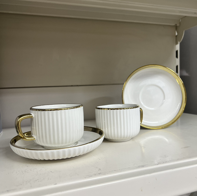 Tasse à café blanc/doré (trait/arrondi ) 6 tasses+6 tasses 