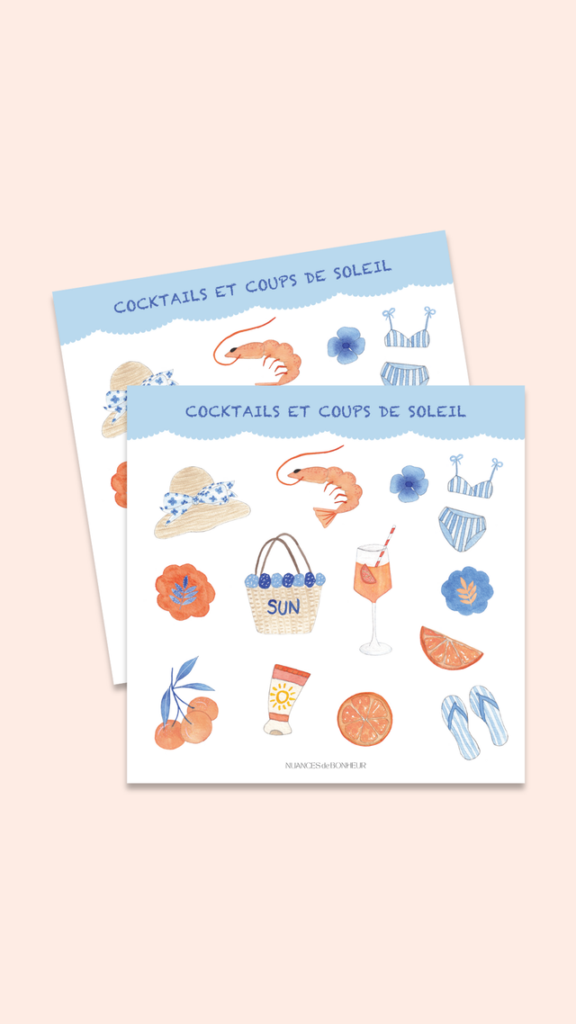 Planche de 13 stickers – Collection “Cocktails & coups de soleil” – Illustrations aquarelle