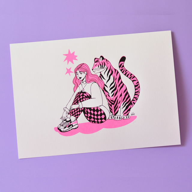 Affichette en sérigraphie - Tora girl - rose fluo