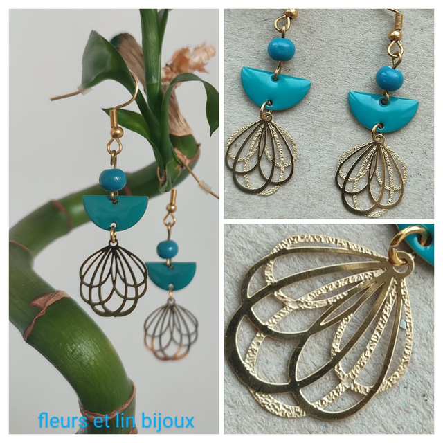Z-Boucles fleurs et email turquoise en acier inoxydable doré -sans nickel, pièce unique 