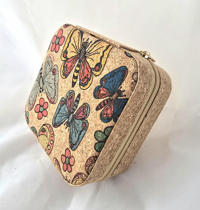 Petites boîtes à bijoux de voyage fourré de tissu en liège naturel et imprimé grands pspillons + fleurs