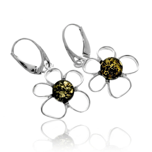925 Sterling Silver &amp; Genuine Baltic Amber Flower Drop Earrings – Green