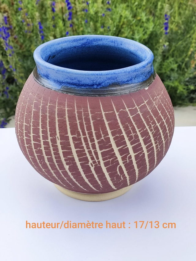 Gros pot rond bicolore craquelé brut 