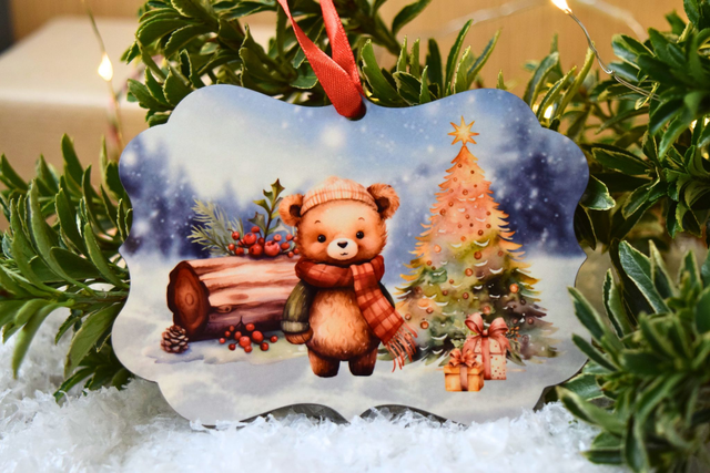 Woodland Bear Christmas Pendant Decoration – Tree, Gifts &amp; Holly