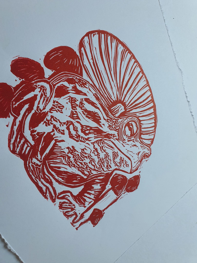 Red toad linocut print