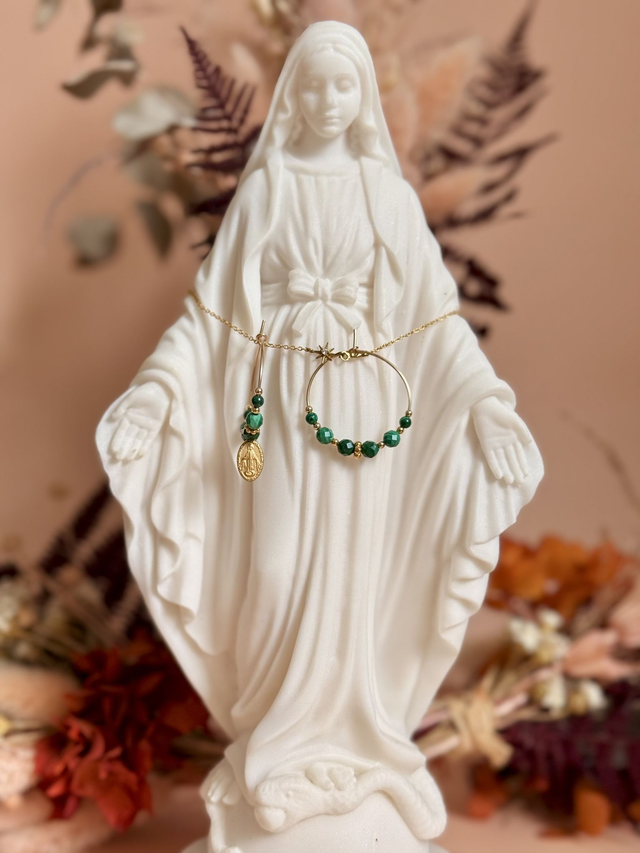 Créoles "Médaille Miraculeuse" Malachite, Collection "Sacrée"