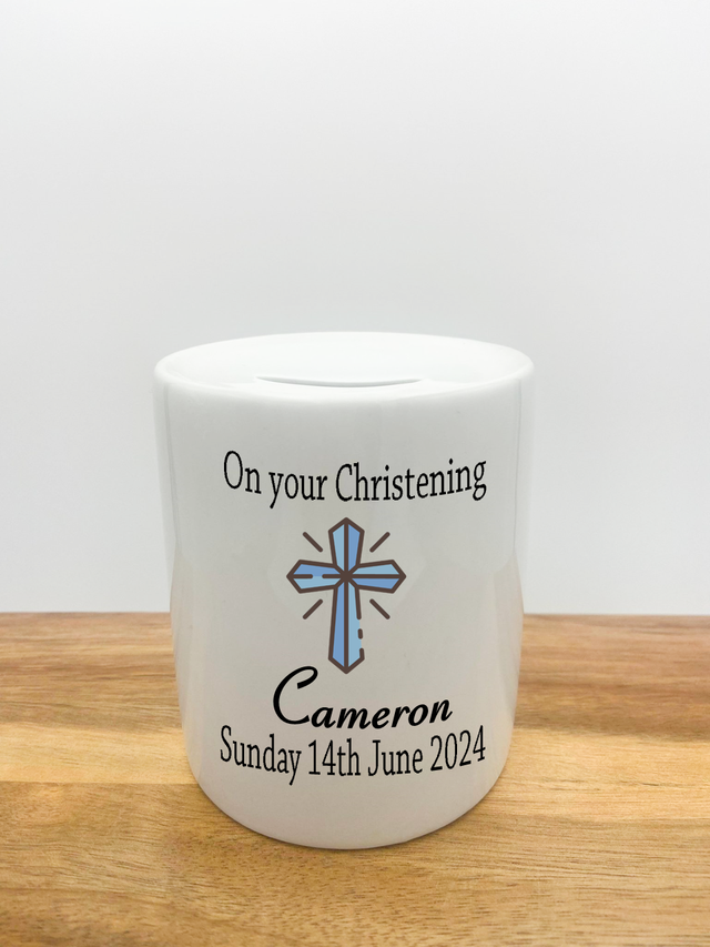Personalised Money Box - Christening Blue Cross