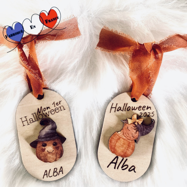 Suspension bois personnalisée Mon premier Halloween – ovale avec ruban mousseline orange et personnages au choix