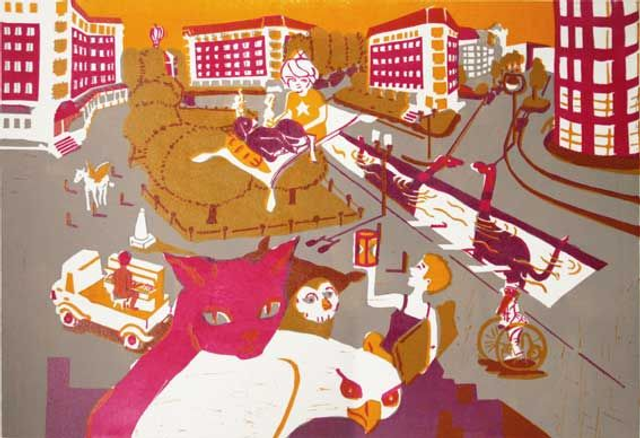 Linolschnitt "Am Dorotheenplatz" / Linocut "At Dorotheenplatz"