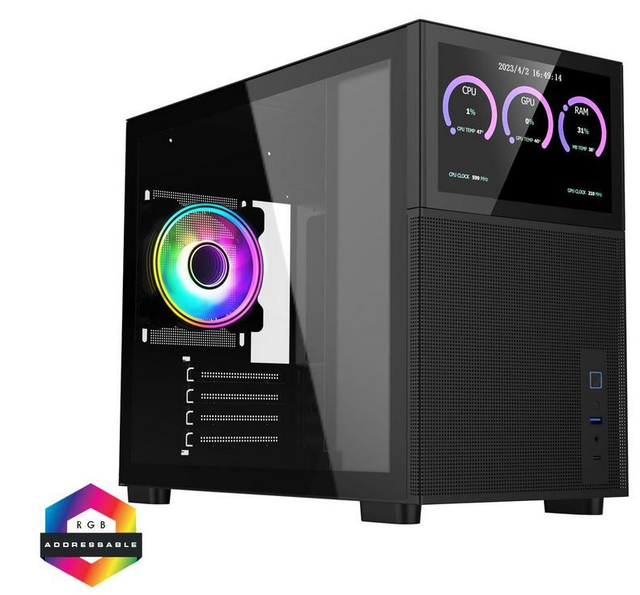 CiT 	Pro Jupiter Black Micro-ATX PC Gaming Case with 8 Inch LCD Screen 1 x 120mm Infinity Fan Included Tempered Glass Side Panel