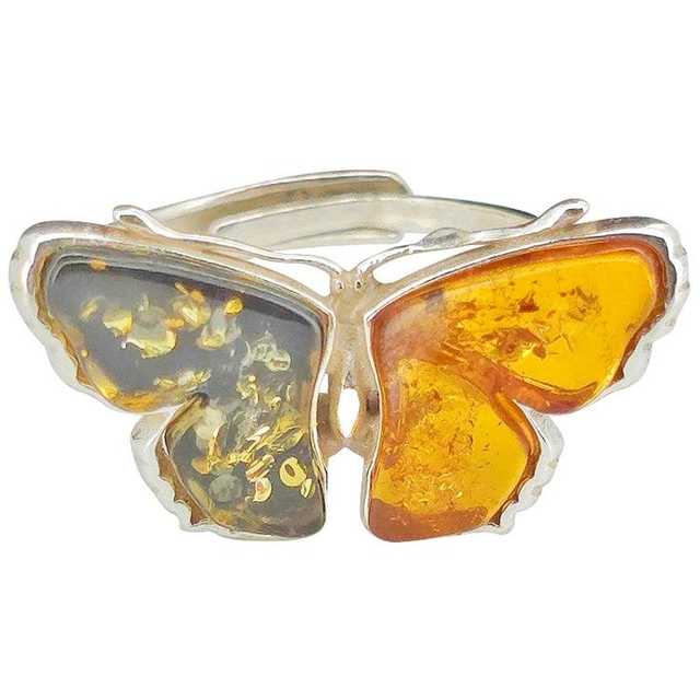 Bague Papillon Ajustable en Argent Sterling et Ambre Multicolore