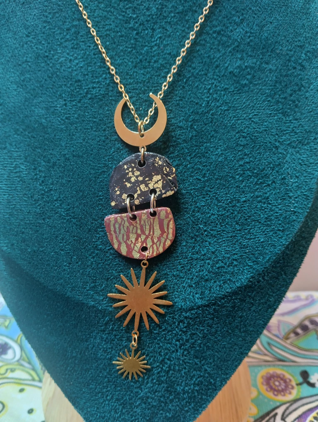 Longline Polymer Clay Necklace with Gold-Filled Celestial Accents – Gift Boxed