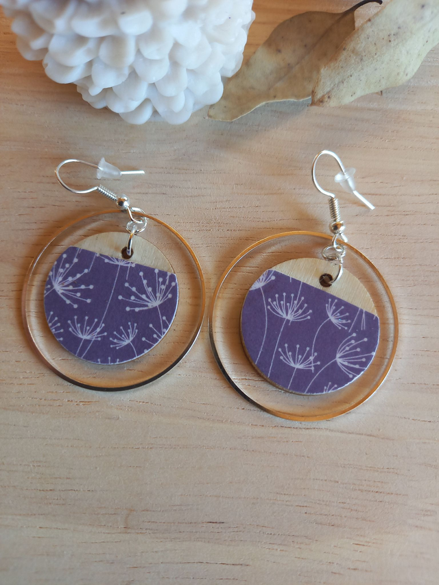 Boucles d&#039;oreilles Bois - disque bois et papier décoratif printemps - fleurs et fond violet - montures argentées