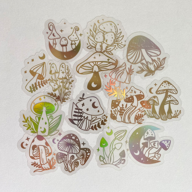 Stickers holographiques dorés champignons - Lot de 15