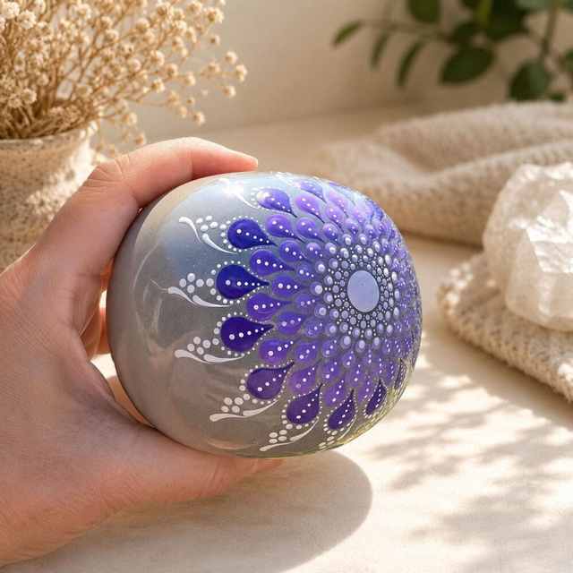 Pomme décorative mandala violet & lavande – Peinte à la main