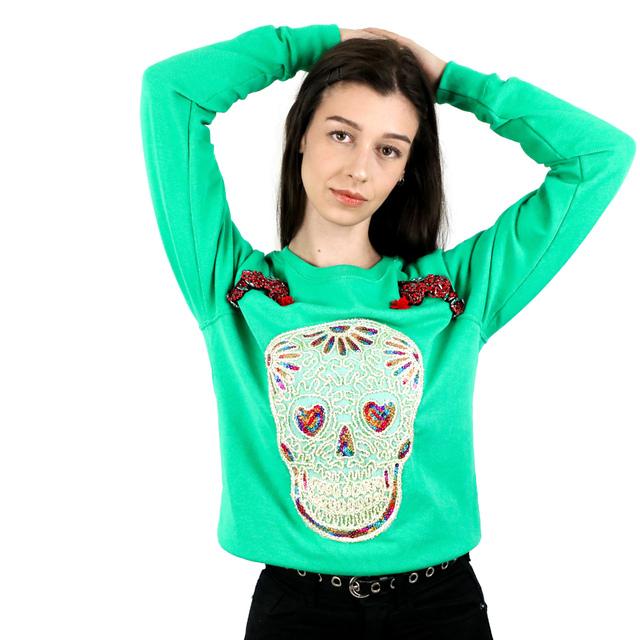 Sweat en Coton Vert avec Applique de Tête de Mort Ne M’oublie Pas en taille S
