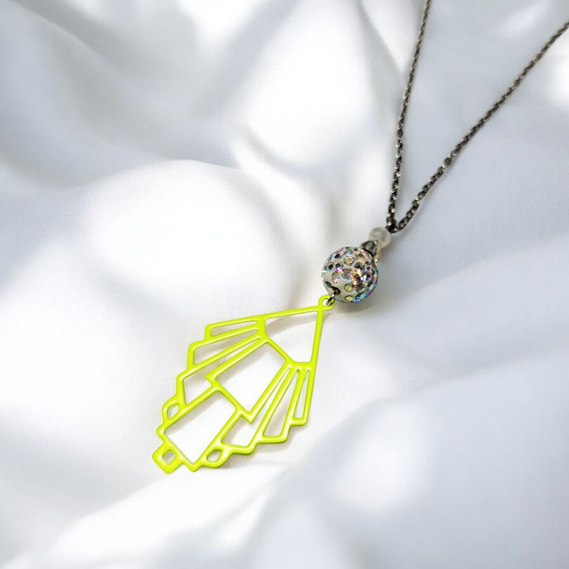 Collier acier inoxydable et cristal jaune fluo