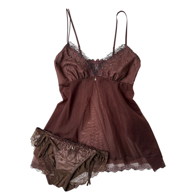 Chocolate brown embroidered cami + underwear set 