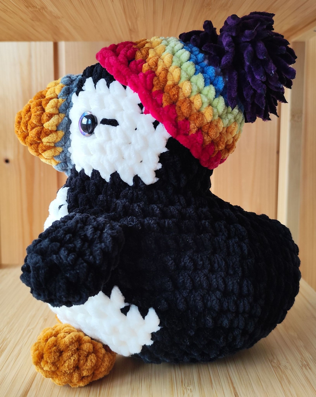 Pepper the puffin with Rainbow hat, extra large size (made from chenille yarn)