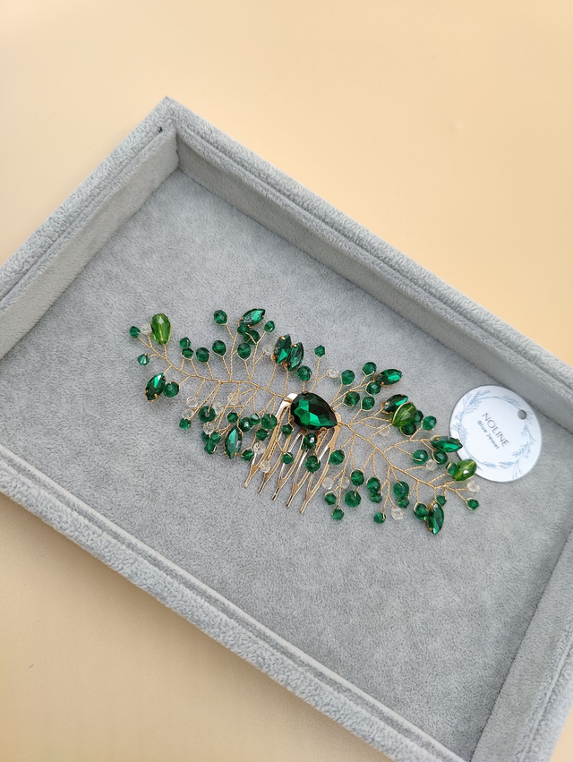 Peigne de cheveux en cristaux vert foncé et perle, accessoire de coiffure avec strass vert