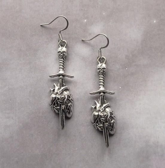Skull Sword Through Anatomical Heart Earrings 