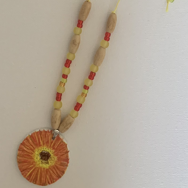 Hand-Painted Clay Pendant Necklace – Sunset Tones with Wood & Glass Beads