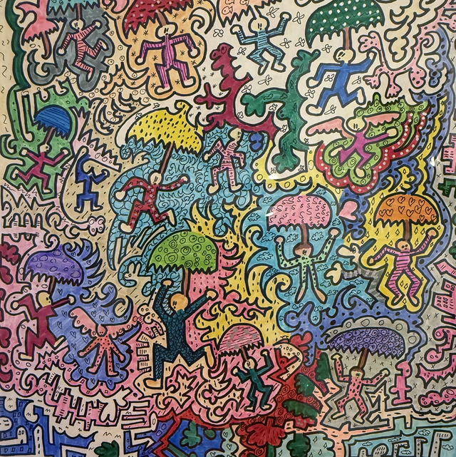 LEARNING TO FLY, Rahmen 72x52 cm, Passepartout 50x40 cm, Edding, Acryl- und Aquarellfarben auf Aquarellpapier 