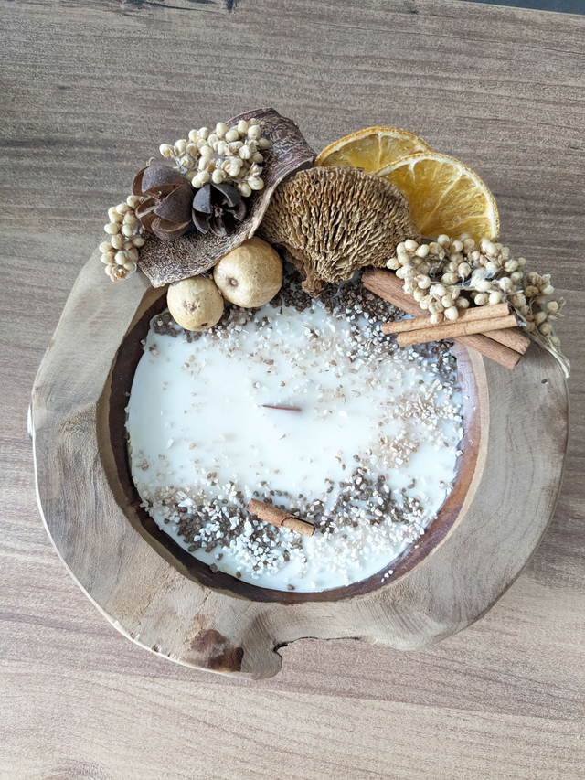 Bougie bois et fleurs séchées  Taille L 