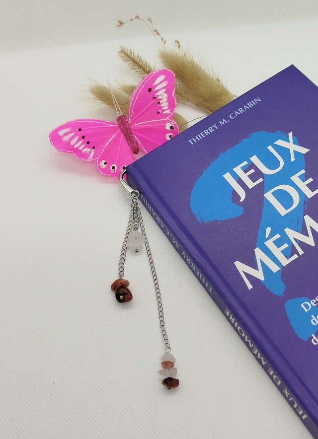 Marque-pages de 11 cm en acier inoxydable et &quot;chips&quot; de pierres naturelles.