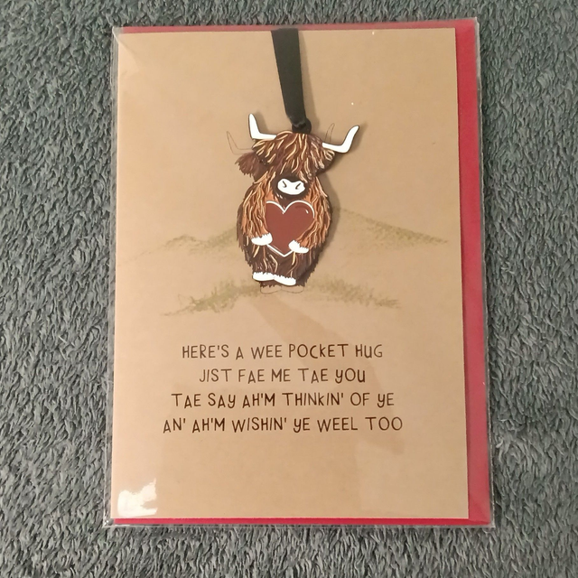 A Wee Pocket Hug Highland Cow Enamel Charm &amp; Card