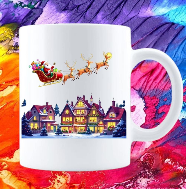 Weihnachtsmann mit Schlitten und Rentiere über Dorf