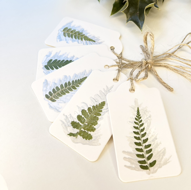 Handmade White Christmas Tags Sliver Pressed Fern Pack of 5