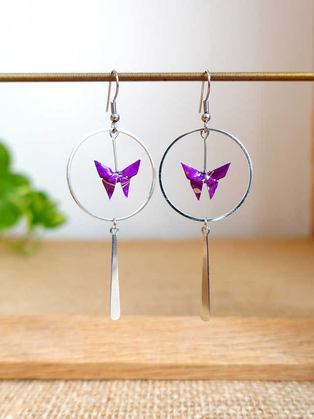 Origami Papillon / INOX / Papier japonais washi / Violet, argent / Créoles, anneaux /Bijou japonais origami / Boucles d'oreilles /